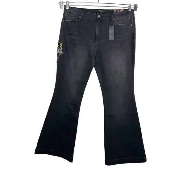 Ed Hardy 90s Flare black jeans Tiger head embroidery boho logo sz 34 - Picture 2 of 14